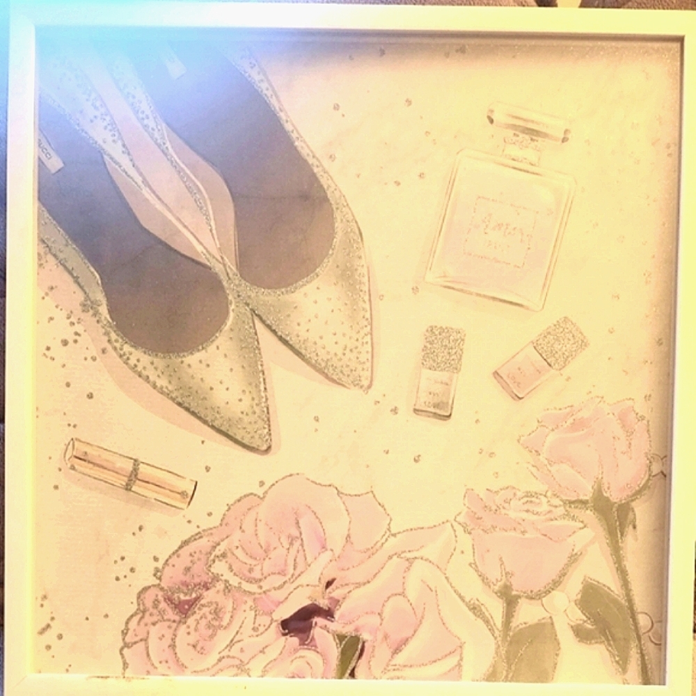 BEBE Pink Glittery Picture Wall Hanging Roses Gucci Shoes Sparkle Framed